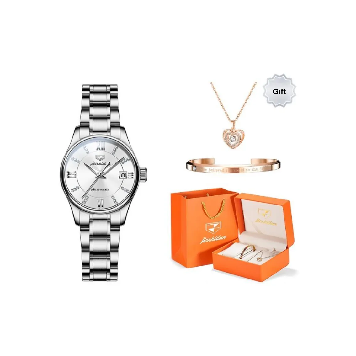 Jin Shi Dun Box Mechanical Movement Stainless Steel Watchband Watch Women's Watch White Dial