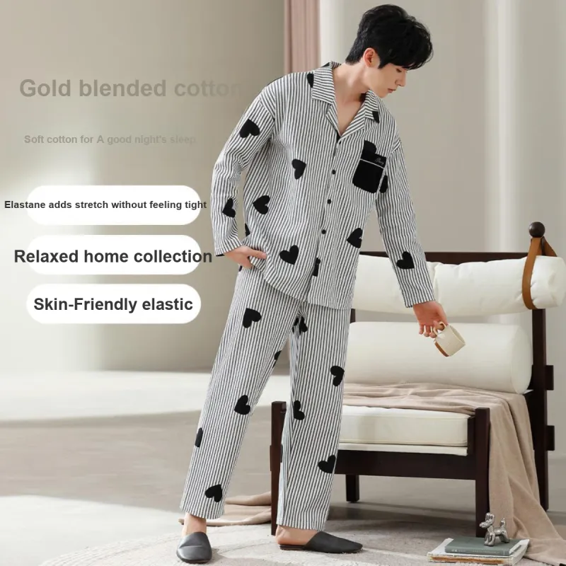 GUJIN Pajama Set Men's White Stripes-1