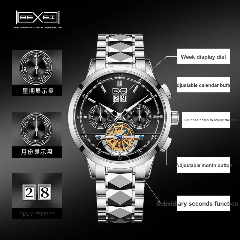 BEXEI Casual Watch Automatic Mechanical Movement Stainless Steel Watchband Watch Men's Watches Black Dial-17
