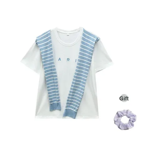 OUKEJI Синий Вышивка Белый топ + Сине-белые полоски Шаль Женские Рубашки