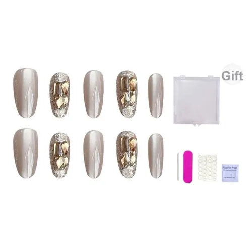 ORANOT Handcrafted False Nail Шампанское Rhinestone Embellished MID Длина (размер в длину) 24 мм Овал Elephant Gray Кошачий глаз Nude