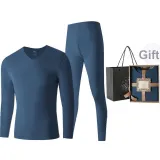Men's V-Neck Set (Blue) German Fleece Thermal/Seamless Antibacterial