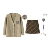 Clothing Sets (Khaki Loose Fit Sweater+Bodycon Skirt)-Comes with Badge+Tie