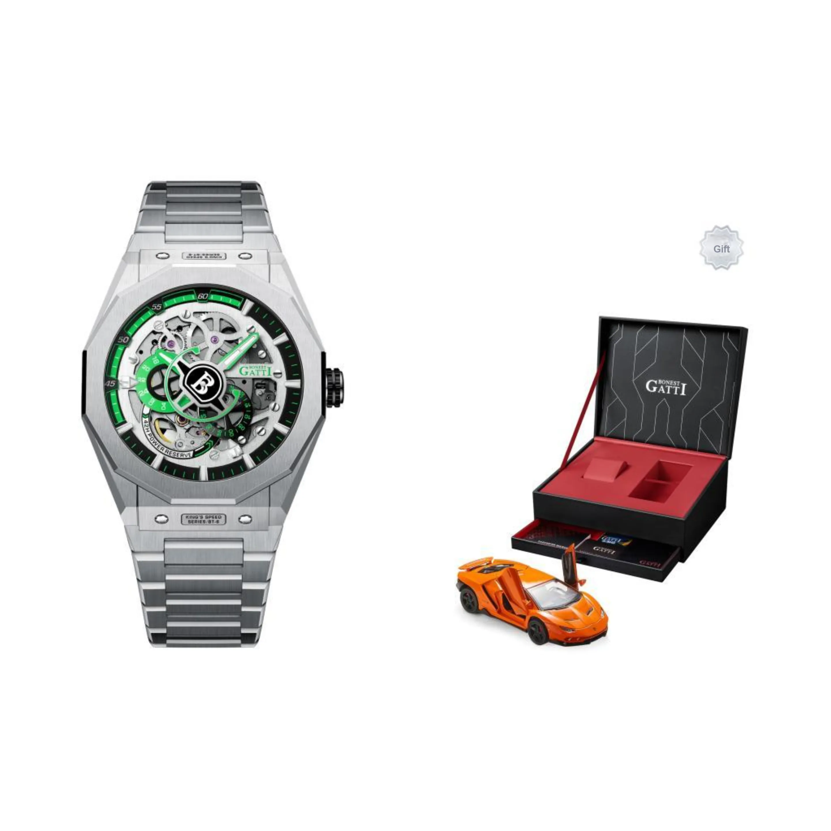BONEST GATTI King Speed Automatic Mechanical Movement Stainless Steel Watchband Watch Men's Watches Green Dial