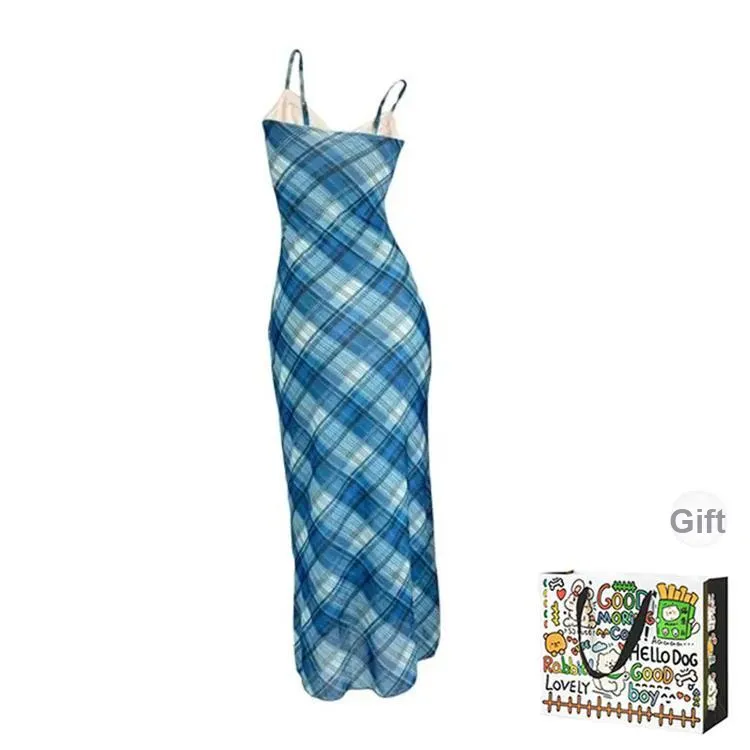 ZVJH Slip Dresses Women's Blue Plaid Camisole Long Skirt Shopping Bag-1