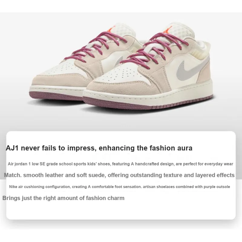 Jordan Air Jordan 1 LOW Anti Slip Wear Resistant Low Top Kids' Skateboarding Shoes Sail White Teenagers-1