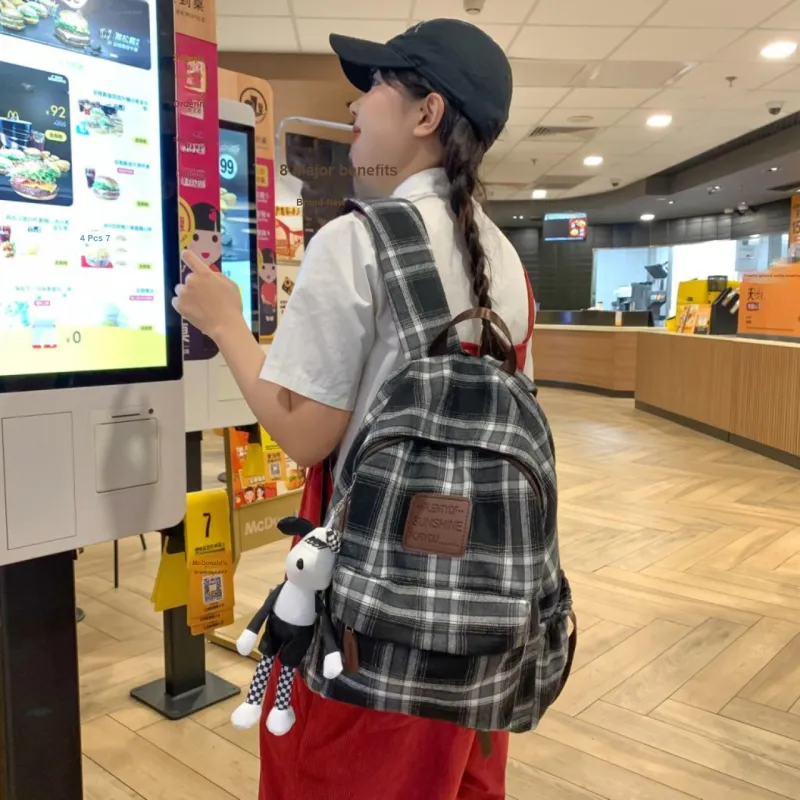 Yalu Woolen Backpack Unisex Black White Plaid/Brown Gray Plaid/Red Plaid/Brown Blue Plaid-5