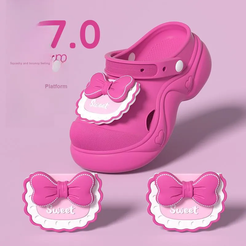 Ming Sheng Bowknot Clogs Summer Platform Height Increasing Squashy And Bouncy Feeling Slip Resistant Cute Slippers-2