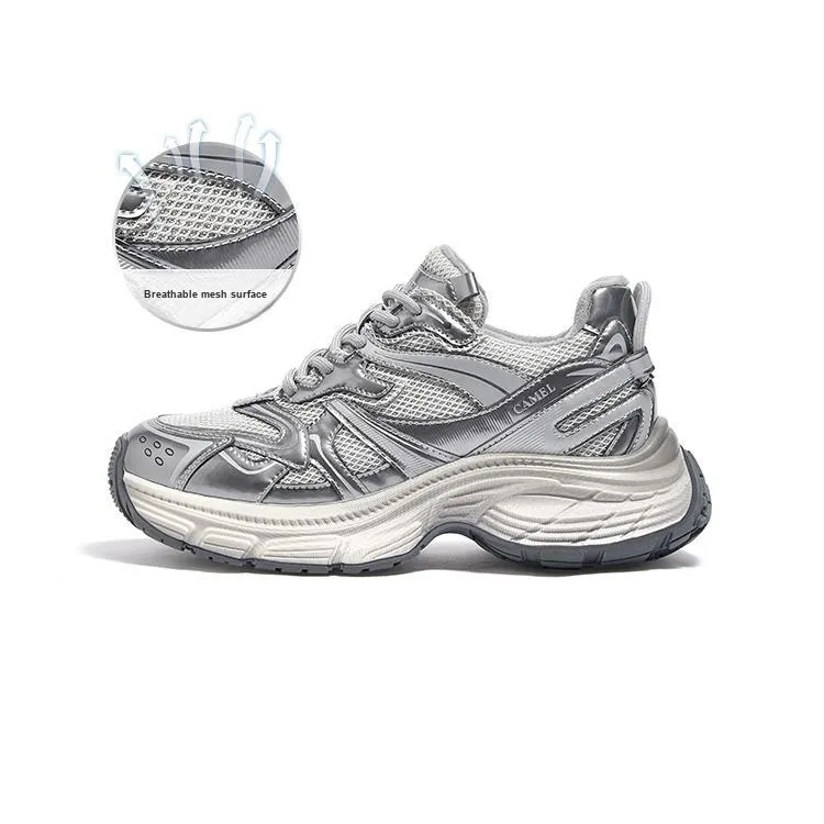 CAMEL Breathable Height Increasing Mid-Top Chunky Sneakers Women's Silver-1