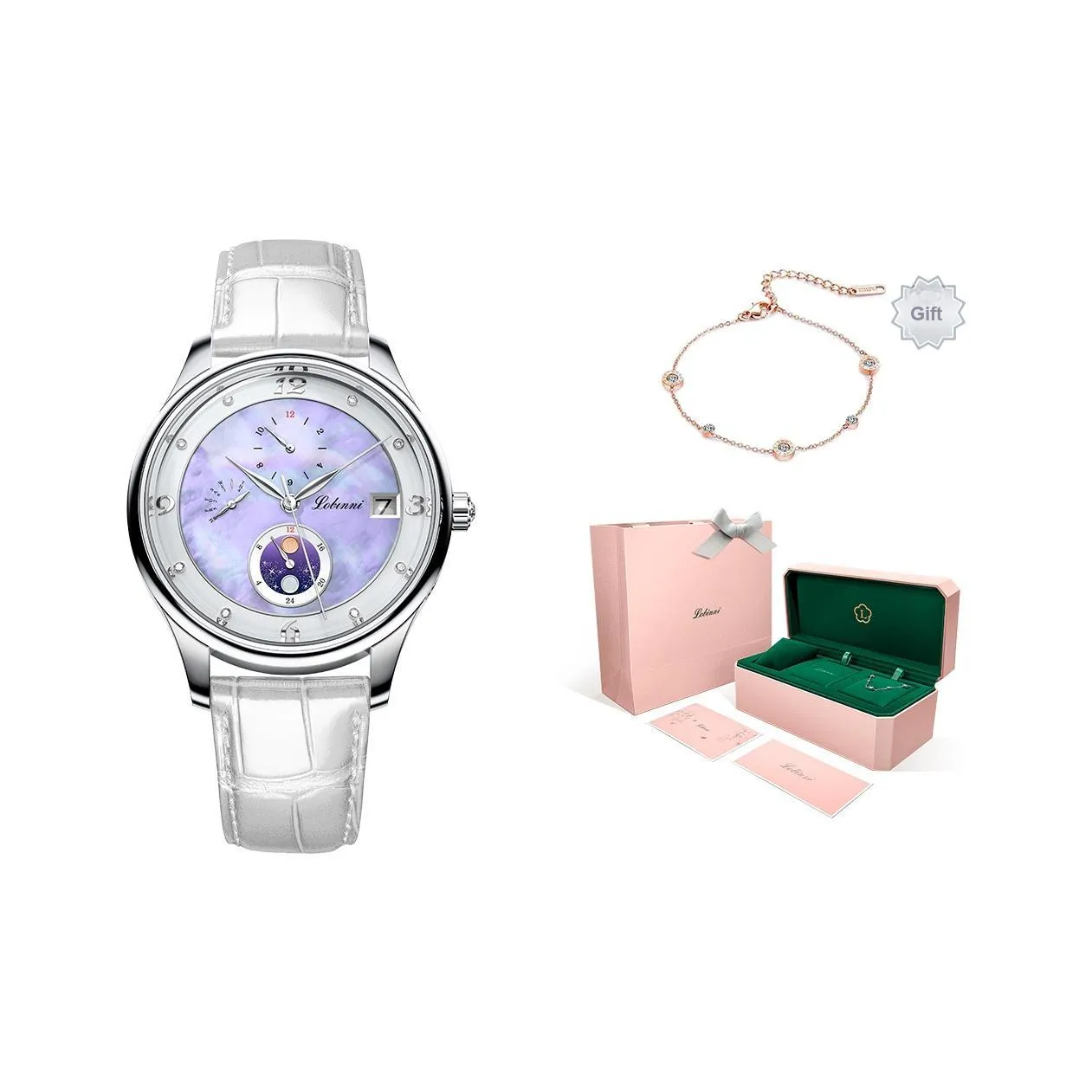 LOBINNI L Многофункциональный Автоматический Механический Механизм Коровья Кожа Ремешок Часы Женские Белый Циферблат