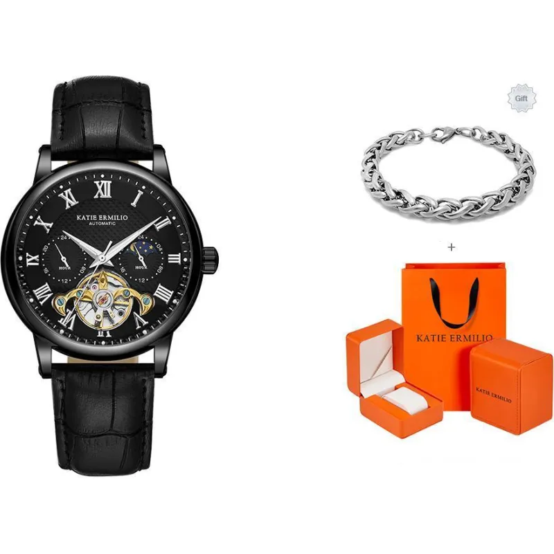 Katie Ermilio Wrist Watch Automatic Mechanical Movement Genuine Leather Strap White Dial Men's Watches-8