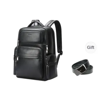 BOPAI Top Grain Cow Leather Laptop Backpack Large Size Men's Black