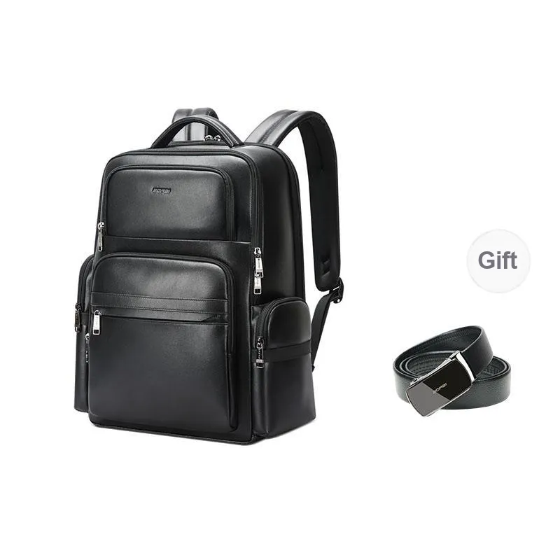 BOPAI Top Grain Cow Leather Laptop Backpack Large Size Men's Black-0