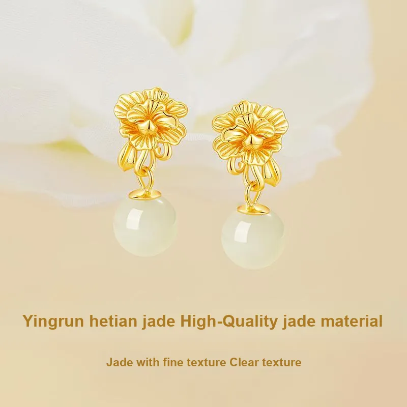 Central Fashion Hetian Jade Earrings Pale Greenish White Jade Women's-3