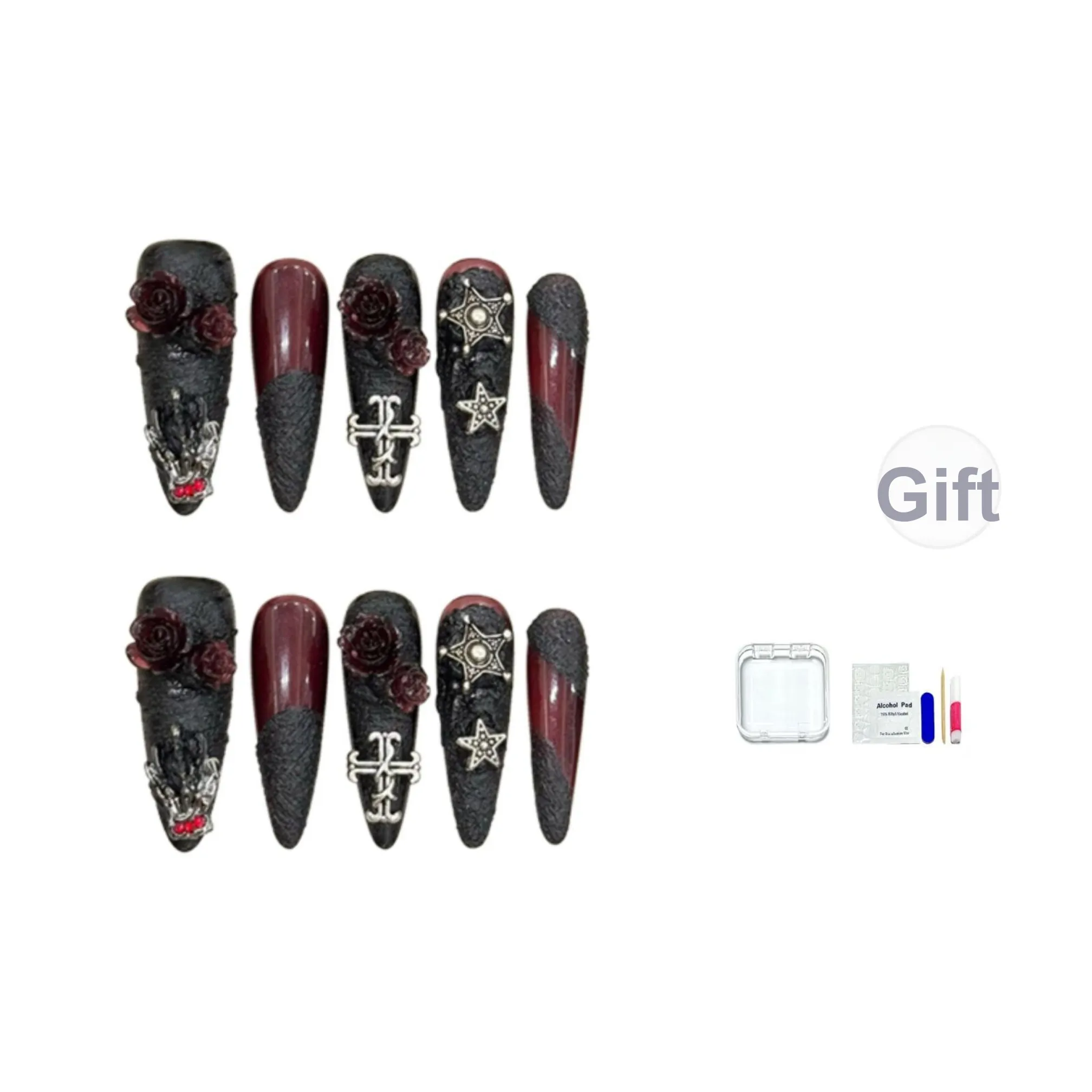 HUYONG [Готическая ведьма] Индивидуальный Черный Розовый False Nail Длинный Роскошный Градиентный 20 мм