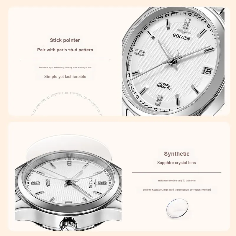 GOLGEN Mechanical Movement Stainless Steel Watchband Watch Women's Watch White Dial-20