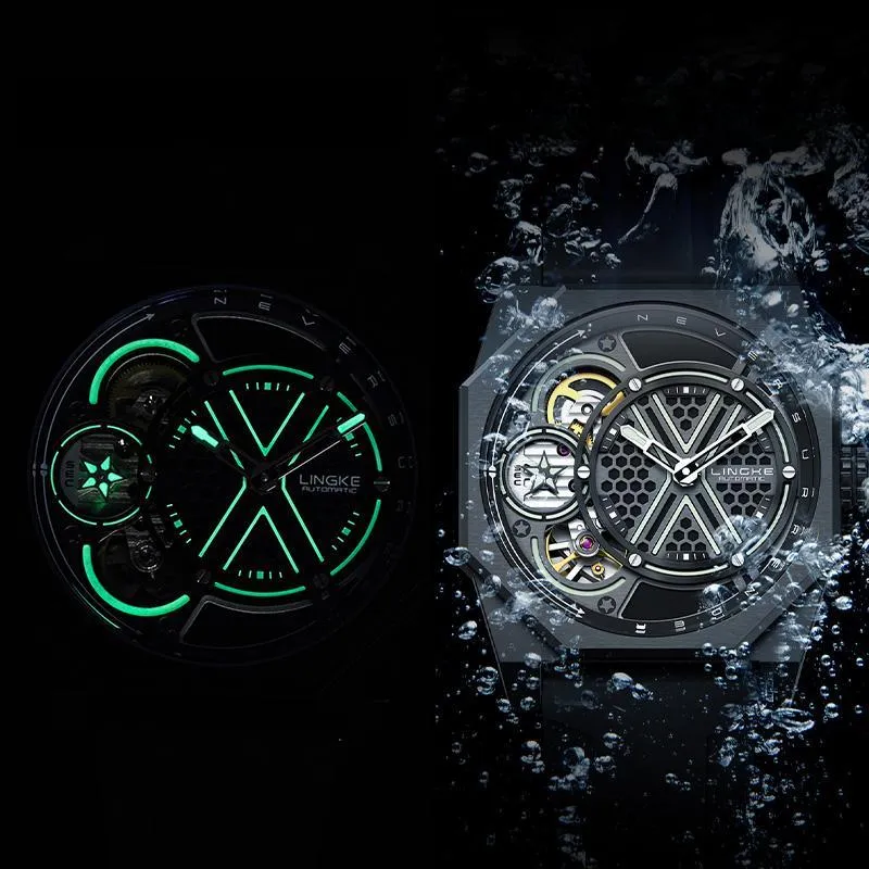 LINGKE Water Resistant Glow in The Dark Automatic Mechanical Movement Silicone Strap Watch Men's Watches Cut Out Dial-4