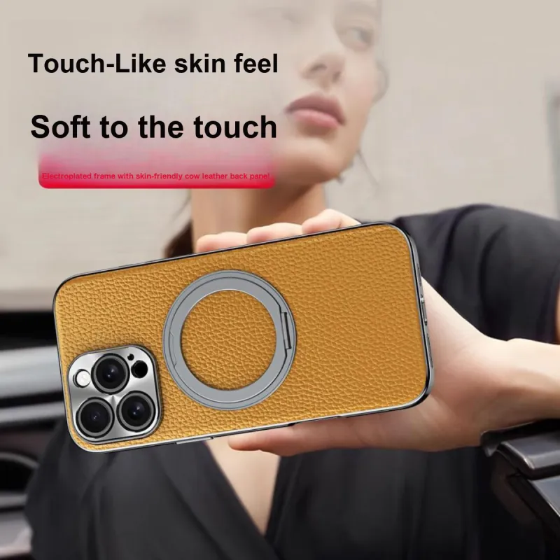 Record Star Leather Material Rotating Stand, Electroplated ToGo Phone Cases Compatibility IPhone16ProMa Business Formal-3