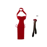 Red[High Slit Lace-Up Cheongsam+T-Shirt]+7223 Black Red Ankle-Length Stockings