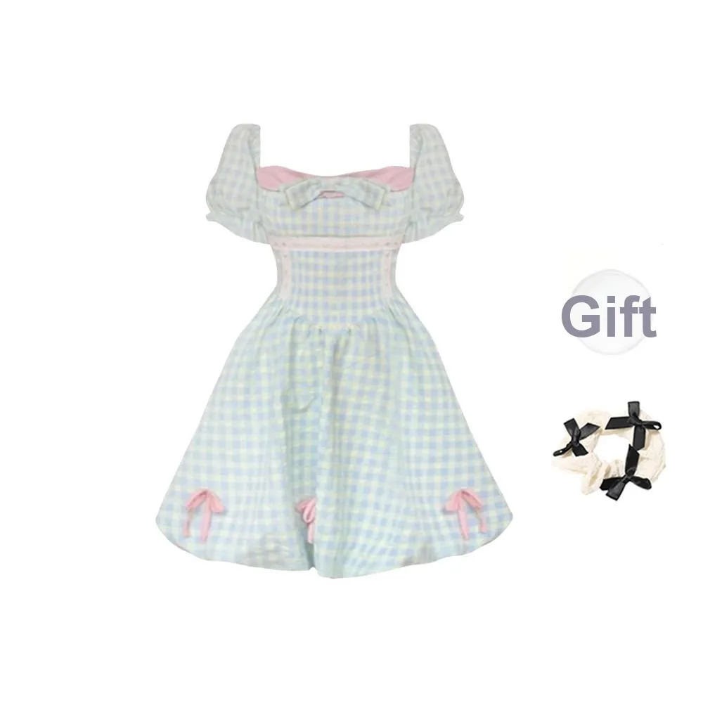 TORIGHT Short Sleeved Dress Women's Blue Plaid+Bowknot Hair Tie Comes With