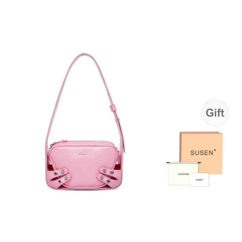 SUSEN Waxed Leather Shoulder Bag Handbag Shoulder Bag Women's White/Pink/Black-0