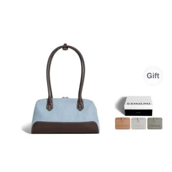 Cthulhu Leather With Denim Shoulder Bag Large Size Women's Blue Coffee Color