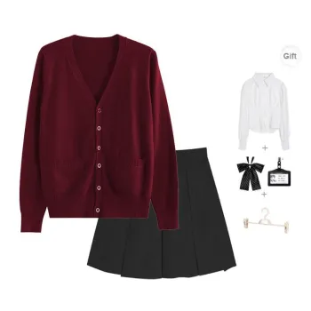Ice cream and whale Uniforms Women's Burgundy Knitted Fabric Cardigan+Black Box Pleated Skirt, Comes With A Shirt+Bow Tie+School Emblem