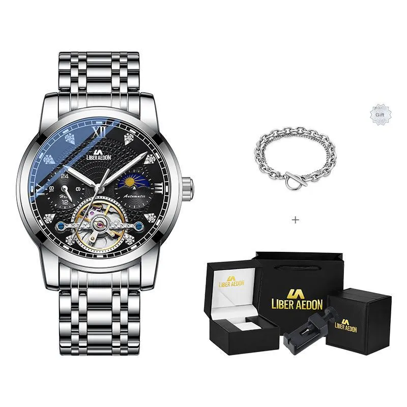 LIBER AEDON Mechanical Movement Stainless Steel Strap Silver Dial Men's Watches-6
