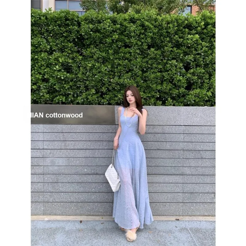 PZGE Slip Dresses Women's Blue Maxi Skirt-4