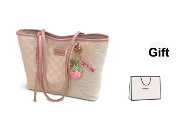 COMELY Cow Leather Tote Bag, Shopping Bag, Handbag, Shoulder Bag, Laptop Bag Regular Women's Ecru & Pink