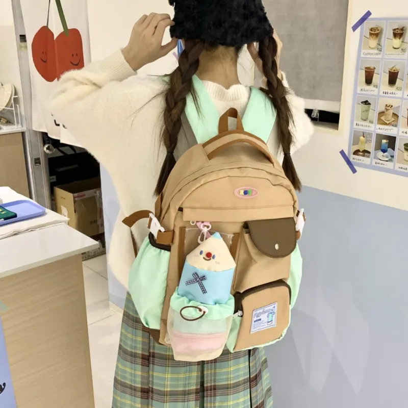 Kaka Tree Nylon Backpack Large Size Unisex White/Khaki-2