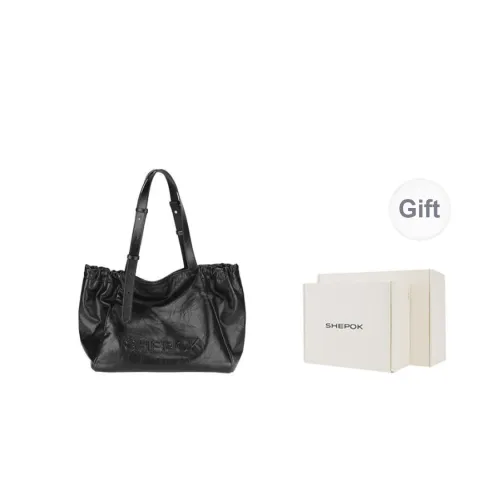 SHEPOK Top Grain Cow Leather Tote Bag Shopping Bag One Shoulder Laptop Bag Women's Black/Gray