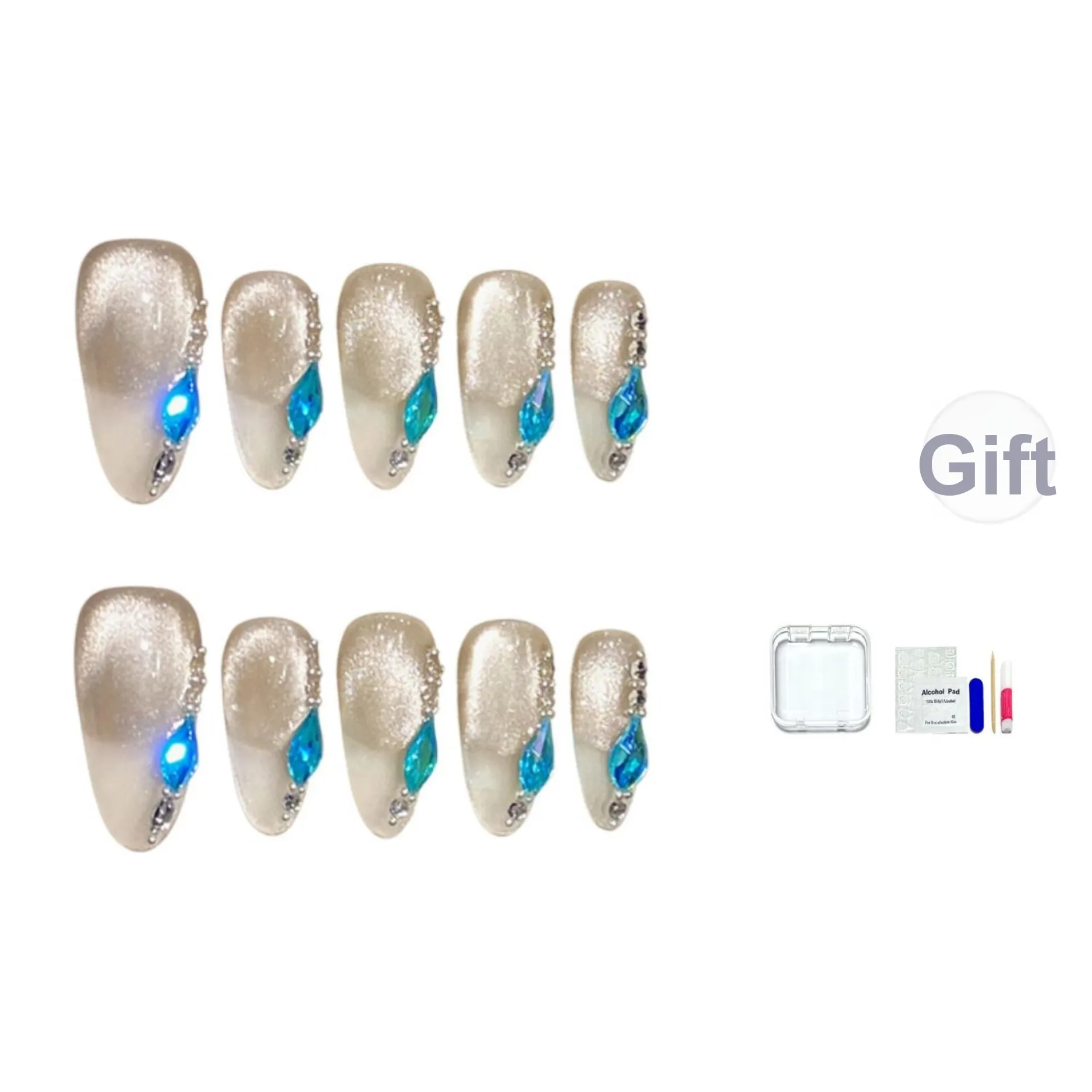 HUYONG Русалка's Tear Ледяной Синий Sound Handcrafted False Nail Миндаль Icy Clear Gradient Cat Eye 16mm