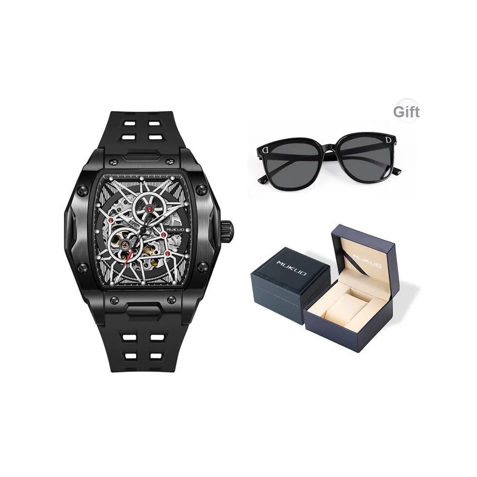 MUKUO Pioneer Collection Автоматический механический механизм силиконовый ремешок часы для мужчин циферблат с открытым механизмом