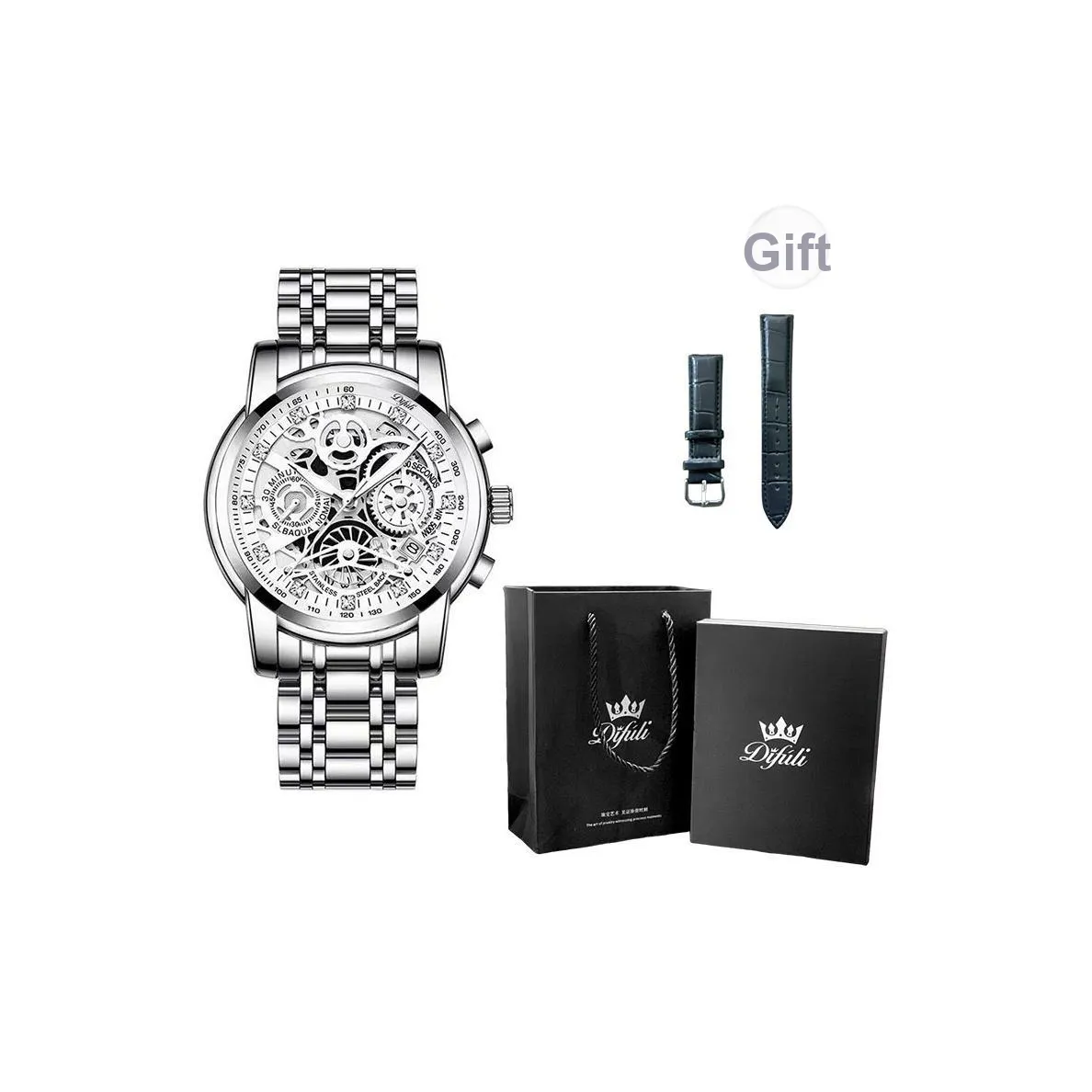 DIFULI Кварцевый механизм ремешок из нержавеющей стали мужские часы циферблат с открытым механизмом