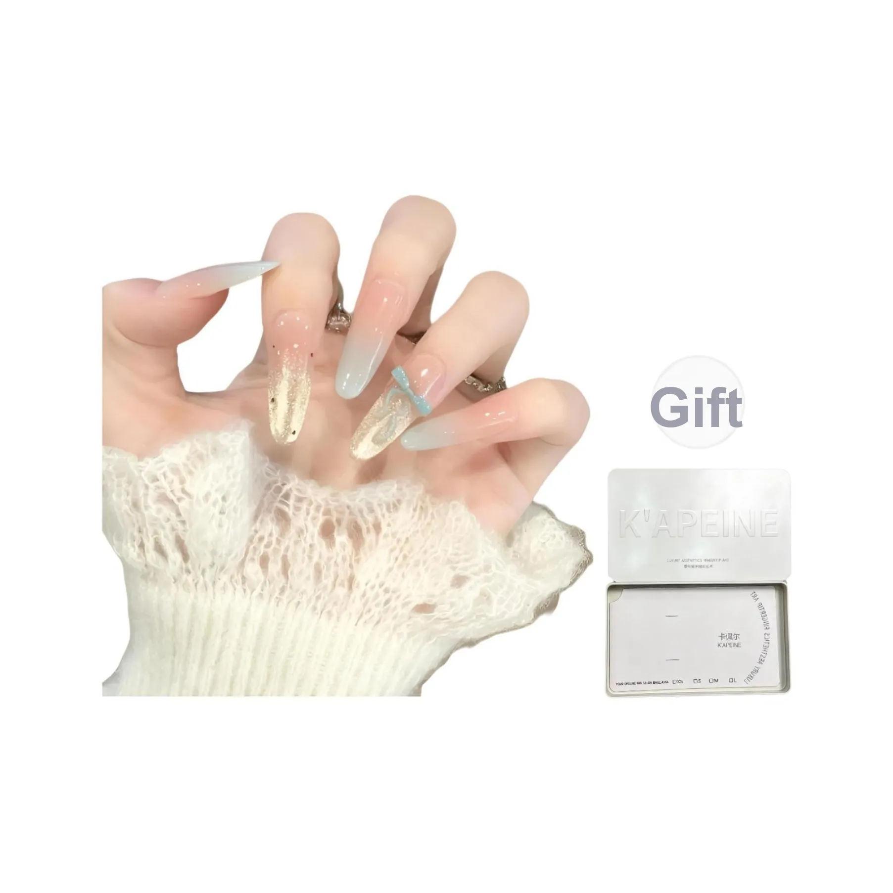 K'APEINE Мятный Girlish Handcrafted False Nail Manicure MID Длина (размер в длину) Овал Синий Однотонный Coquette