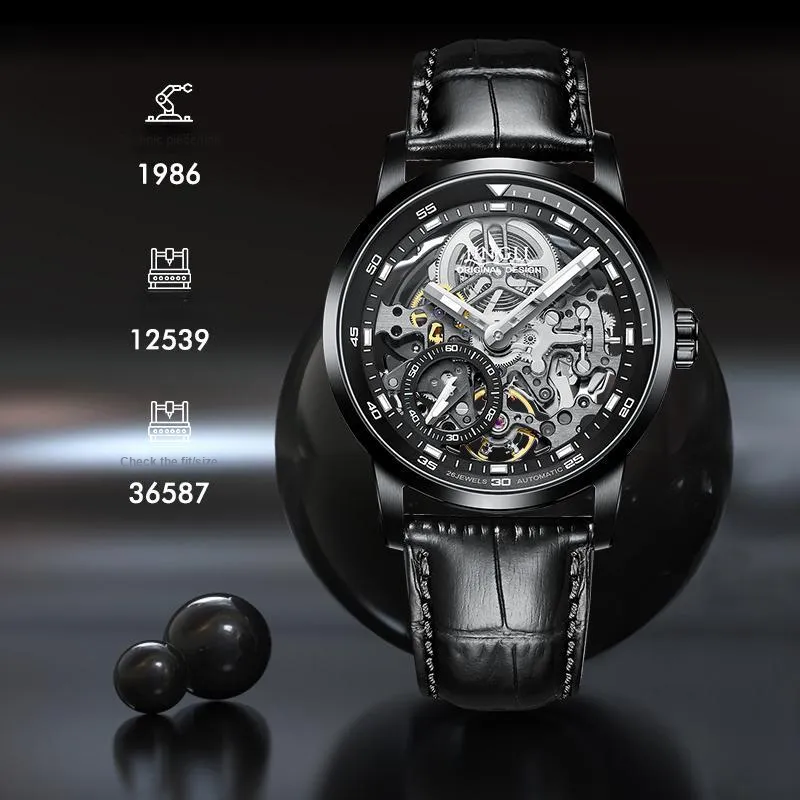 JINLERY Machine Automatic Mechanical Movement Genuine Leather Strap Watch Men's Watches Cut-Out Dial J9033-6