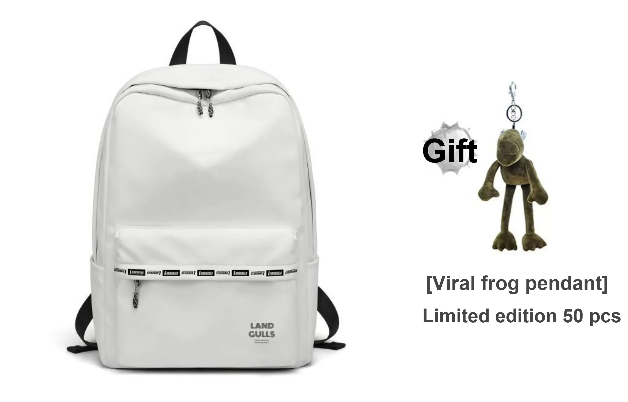 Land Gulls Nylon Fabric Backpack Medium Size Unisex White/Black