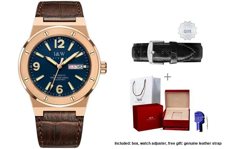 I&W CARNIVAL HWGUOJI Automatic Mechanical Movement Genuine Leather Strap Watch Men's Watches Black Dial