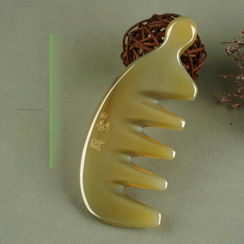 Min Bao White Buffalo Horn With Beads Five Prong Wide Tooth Comb Massage Meridians-11