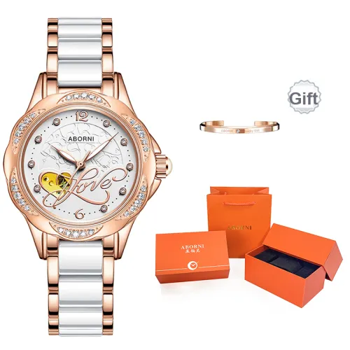 ABORNI Timeless Romantic Heart Collection Mechanical Movement Ceramic Strap Watch Women's Watch White Dial