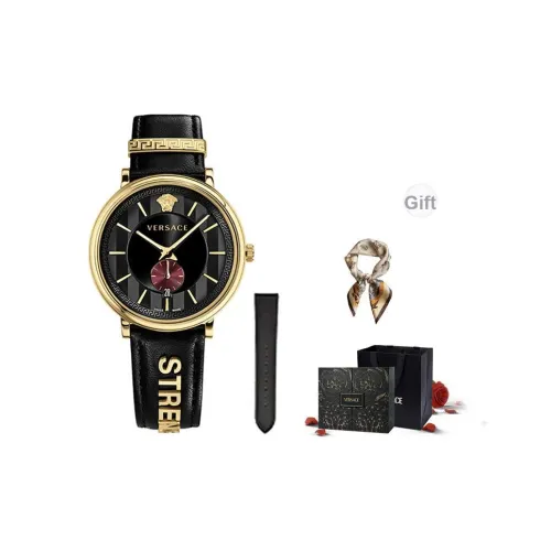 VERSACE Наручные часы Кварцевый механизм Кожаный ремешок 42 мм Черный циферблат Мужские часы Коробка Лимитированная серия + Шелковый шарф