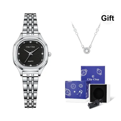 Clip Clop Кварцевый механизм ремешок из нержавеющей стали женские часы черный циферблат