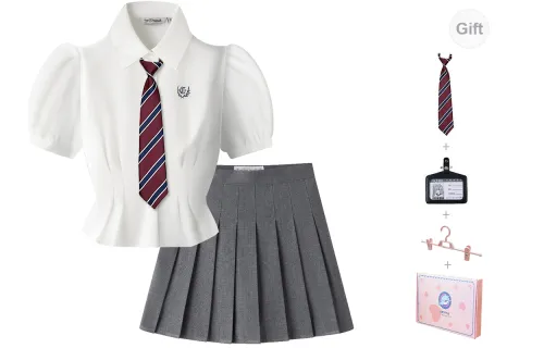 Tokyo Season Uniforms Women's Set Guang Shu Academy Short-Sleeved+Pressed Pleated Skirt In Grey Comes With Small Accessories+Hanging Tag