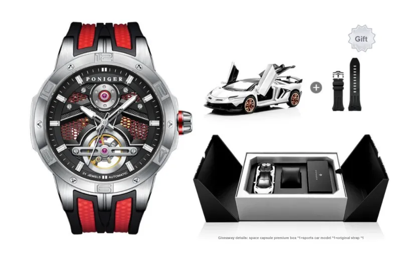 PONIGER Space Man Concept Automatic Mechanical Movement Rubber Strap Men's Watches Cut Out Dial-13
