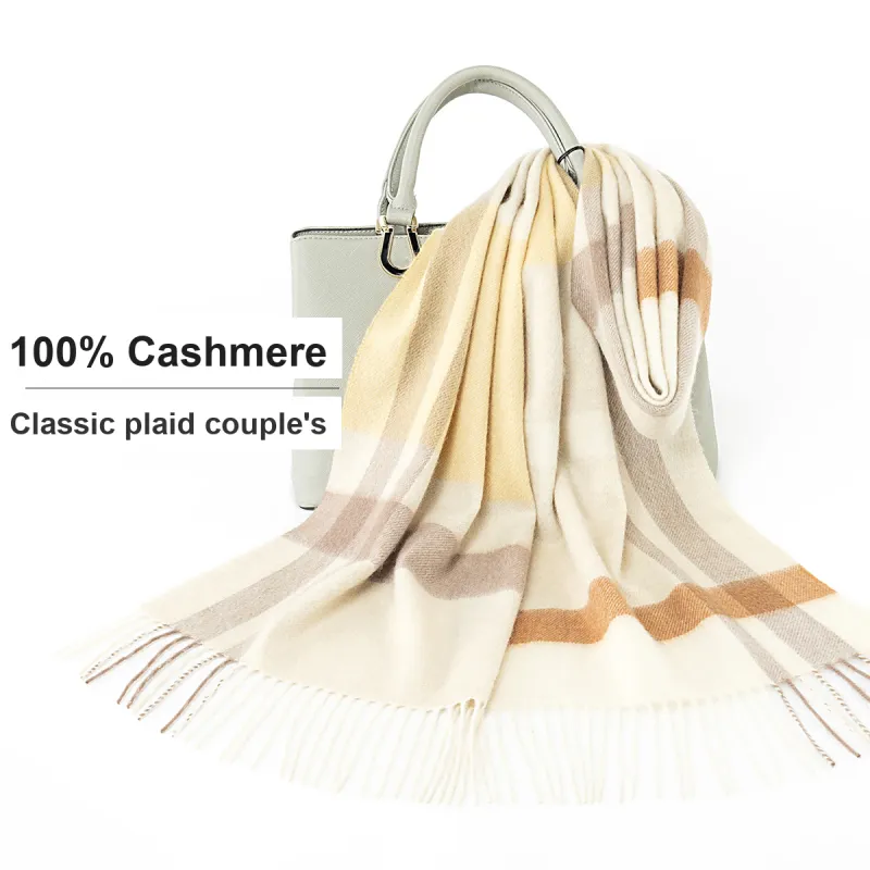 Shanghai Story 100% Cashmere Knit Scarves Unisex Beige And Orange Check Gift Box Set-46