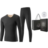 Men's Set (Gray) Thermal Fleece/Seamless Round Neck/Mulberry Silk Skin-Friendly