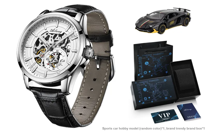AILANG Automatic Mechanical Movement Genuine Leather Strap Watch Men's Watches White Dial-33