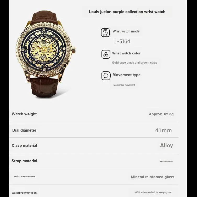 LOUIE JUELEN Mechanical Movement Genuine Leather Strap Watch Men's Watches Cut-Out Dial-7