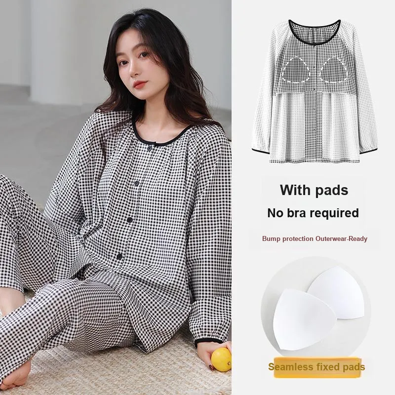 Cotton Gene Pajama Set Women's Black White Plaid-2